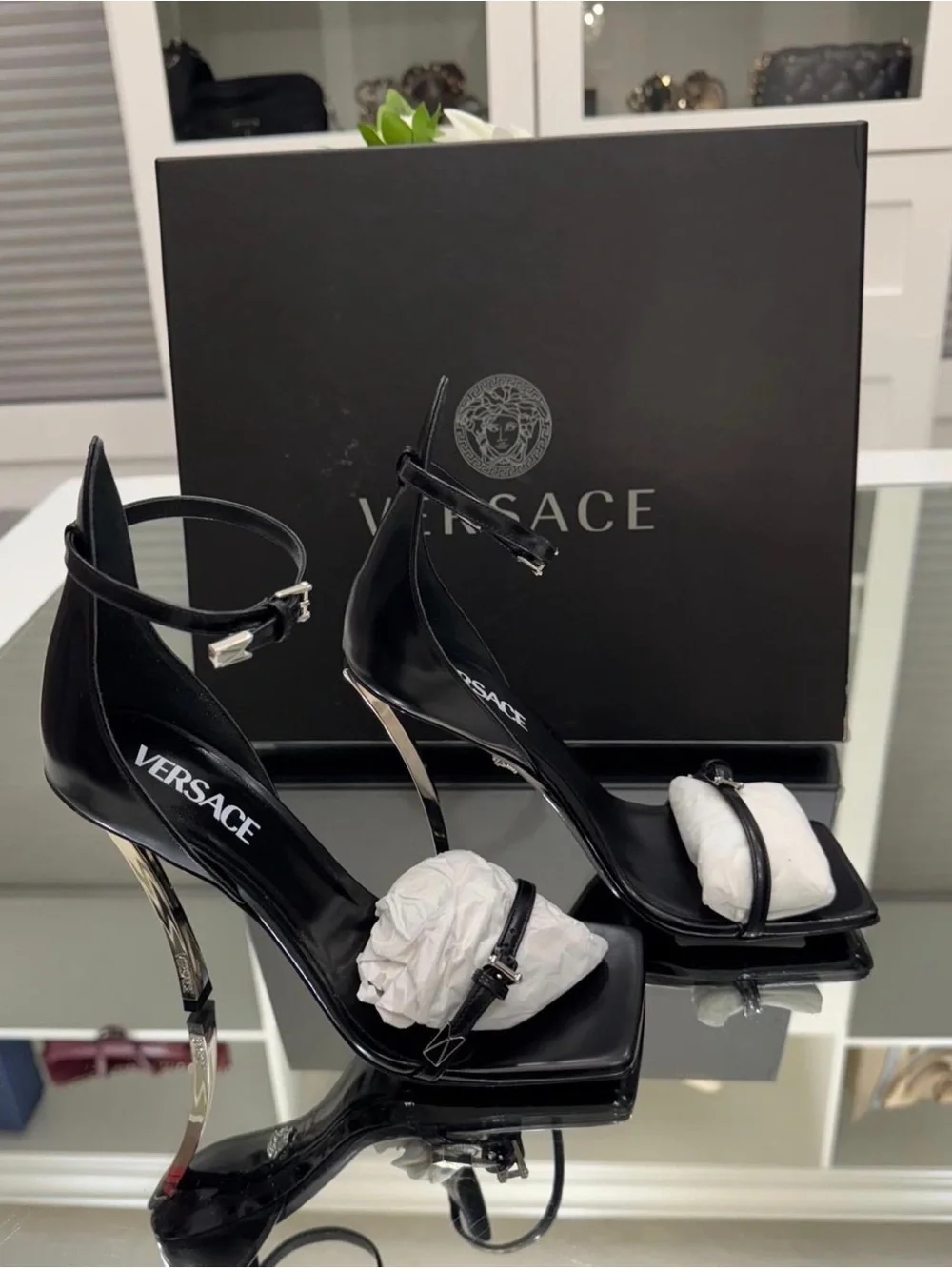 Versace Black High Heel Sandals with Silver Accents